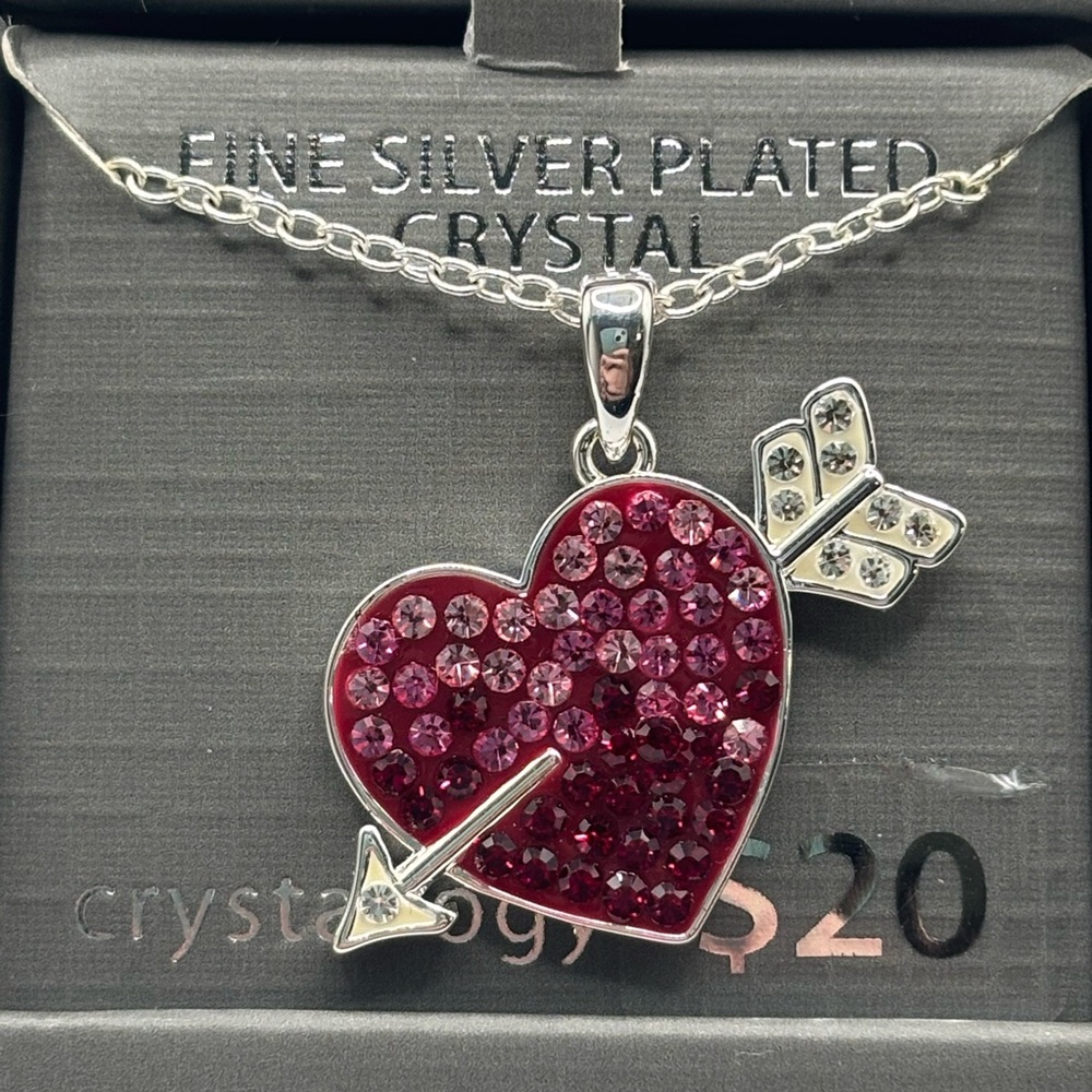Crystal Heart and Arrow Necklace in Silver and Red